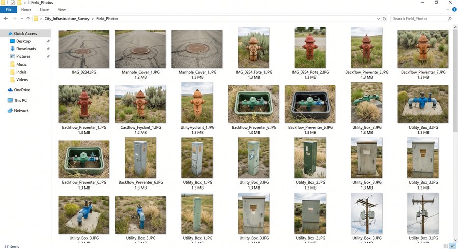 A folder of loosely labeled field photos of hydrants and utility boxes